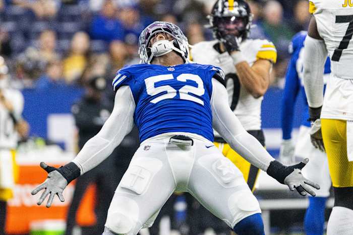 Dec 16, 2023; Indianapolis, Indiana, USA; Indianapolis Colts defensive end Samson Ebukam (52) celebrates a sack in the second half against the Pittsburgh Steelers at Lucas Oil Stadium. Mandatory Credit: Trevor Ruszkowski-USA TODAY Sports